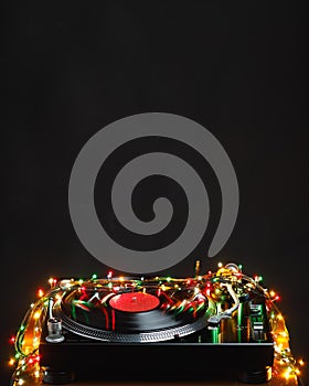 Festive turntable with christmas ligts, dark background