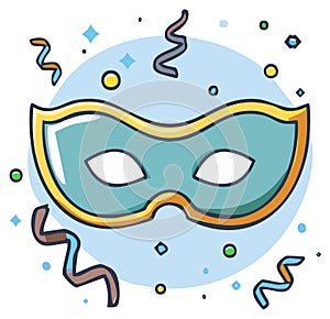 Festive turquoise carnival mask with confetti on a light blue background