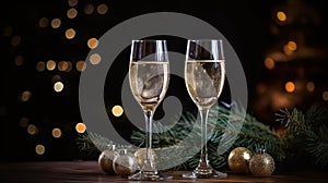 Festive two glasses of champagne on a blurred bokeh background. AI generated.