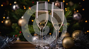 Festive two glasses of champagne on a blurred bokeh background. AI generated.