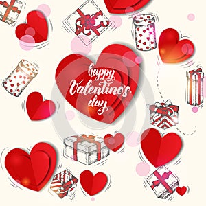 Festive Valentines background with hand drawn doddle gifts and cardboard hearts.