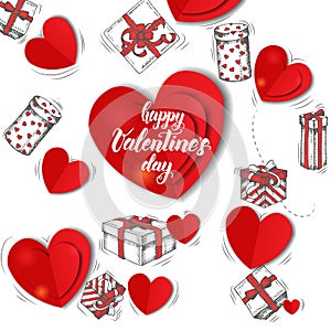 Festive Valentines background with hand drawn doddle gifts and cardboard hearts.