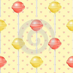 Festive vector realistic red and yellow spherical lollipops seamless pattern. Three-dimensionall colorful glossy round candies