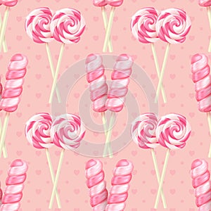 Festive vector realistic striped twisted lollipops seamless pattern. Three-dimensional spiral colorful glossy candies on sticks