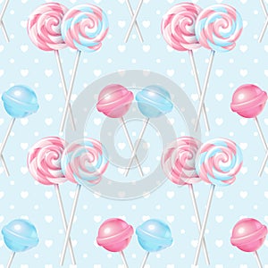 Festive vector realistic striped twisted and spherical lollipops seamless pattern. Three-dimensional spiral and round candies