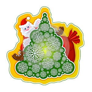 Festive vector sticker. Santa Claus on the Christmas tree of openwork snowflakes and a bag of gifts on a bright yellow