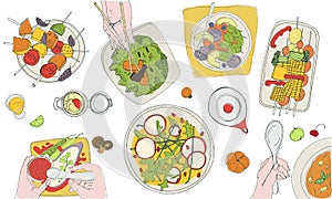 Festive vegetarian tableful, laid table, holidays hand drawn colorful illustration, top view photo