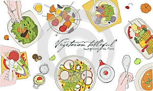 Festive vegetarian tableful, laid table, holidays hand drawn colorful illustration, top view. Background with place for photo
