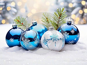 Festive and Vibrant Row of Blue and White New Year Balls with some Spruce Branches photo