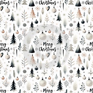 Festive watercolor Christmas pattern with trees and ornaments on white background