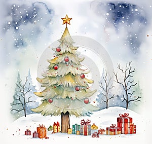 Festive watercolor decorated Christmas tree surrounded by colorful gifts, set in a peaceful snow-covered landscape