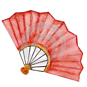 Festive watercolor element, paper fan isolated on white background. For various products, cards, Chinese New Year etc.