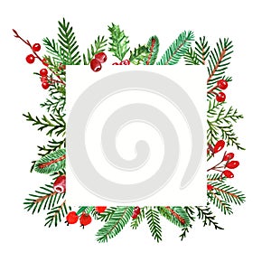 Festive watercolor greenery banner, isolated. Pine tree branches, spruce, holly berry on white background. Christmas border