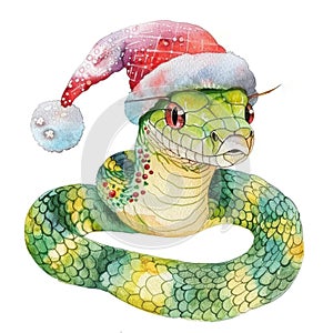 Festive Watercolor Illustration of a Santa Hat-Wearing Snake