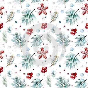 Festive watercolor seamless pattern with holly leaves and berries isolated on white background