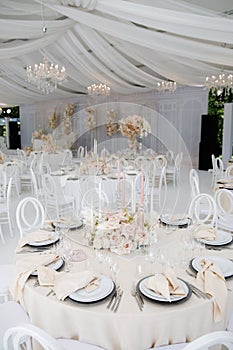 Festive wedding table setting with flowers, napkins, cutlery, glasses, bright summer table decor. Wedding decor