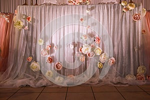 festive wedding Wedding presidium: A stylish table of newlyweds with pink cloth and pink white flowers. High quality