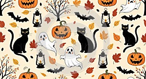 Spooky halloween pattern with cats ghosts pumpkins and bats