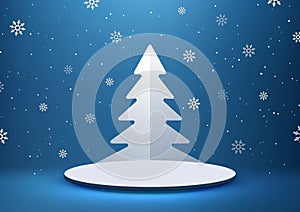 Festive White 3D Podium Christmas Tree Paper Art Greeting Card on Blue Snowflake Background