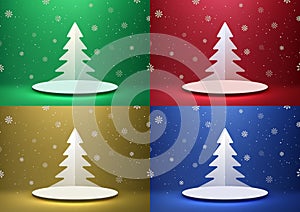 Festive White 3D Podium Christmas Tree Paper Art Greeting Card on Vibrant Color Snowflake Background