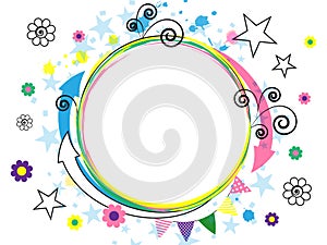 Festive white background with colorful comic elements. Abstraction. Arrows, spirals, stars, flowers. Cheerful multi-colored design