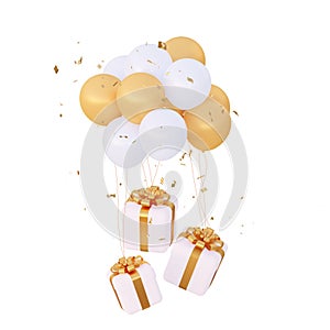 Festive white boxes with golden bows, confetti and balloons. Isolated on a white background. 3d rendering.
