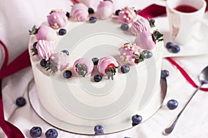 Festive white cake with strawberries in chocolate and fresh blueberries on a white background. Side view
