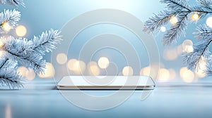 Festive white mobile phone display with decorated christmas tree in the background