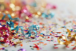 Festive Whitespace: White carnival Background with Colored Confetti and Streamers.