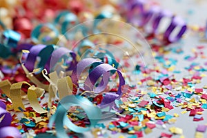 Festive Whitespace: White carnival Background with Colored Confetti and Streamers.