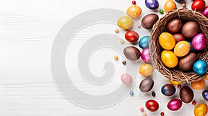 Festive Wicker Basket filled with Multicolored Easter Eggs on White Background, space inscription
