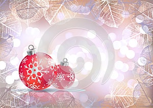 Festive winter background with red holiday balls against bokeh lights and frame of hoarfrost leaves