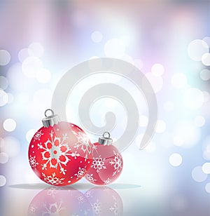 Festive winter background with red holiday balls against silver festive lights, vector background.