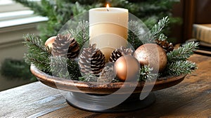 Festive Winter Centerpiece With Candle And Ornaments