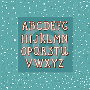 Festive winter English alphabet. Delicious baked gingerbread with white icing.