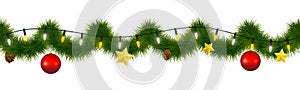 Festive winter garland for websites. Christmas and New Year festoon with coniferous torse, holiday lights, star, glass ornaments a
