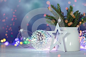 Festive winter holidays decorations with retro lamps and glowing