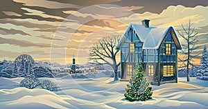 Festive winter landscape with a festively decorated house and Christmas tree