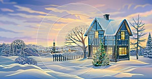 Festive winter landscape with a festively decorated house and Christmas tree