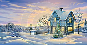 Festive winter landscape with a festively decorated house and Christmas tree photo