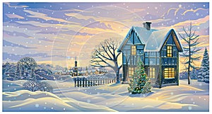 Festive winter landscape with a festively decorated house and decorated Christmas tree.