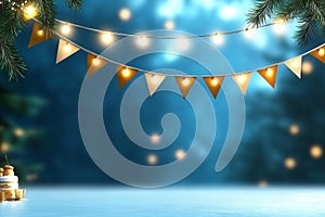 Festive winter night scene with string lights and pine decorations