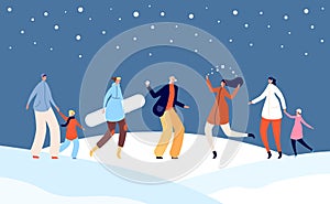 Festive winter people. Happy holiday, christmas family with children on snow city street illustration. Xmas new year