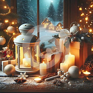 A festive winter scene with a lit lantern, presents, and decorations. photo