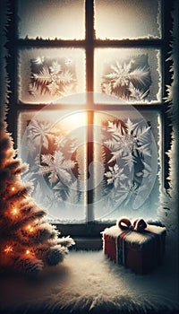 Festive Winter Window with Christmas Gifts, AI Generated