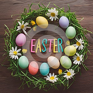 Festive wooden background with Easter eggs, flowers, ample copy space