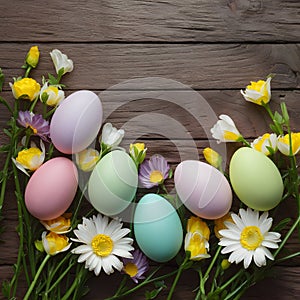 Festive wooden background with Easter eggs, flowers, ample copy space