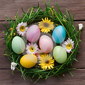 Festive wooden background with Easter eggs, flowers, ample copy space