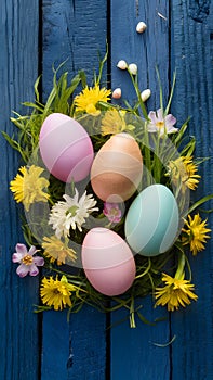 Festive wooden background with Easter eggs, flowers, ample copy space