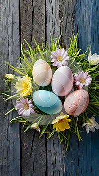 Festive wooden background with Easter eggs, flowers, ample copy space